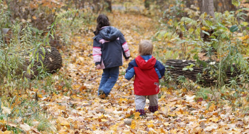 children hiking during the autumn