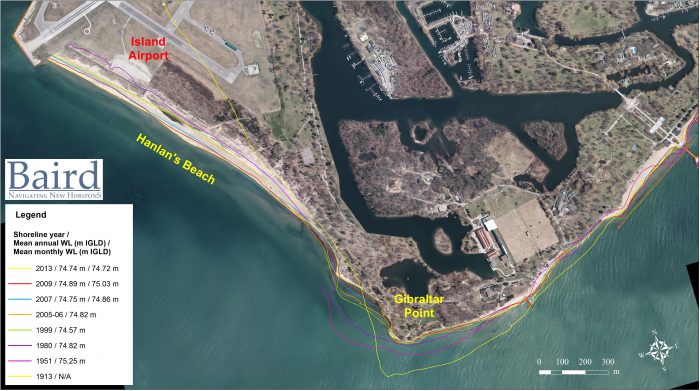 map showing historical shoreline erosion at Gibraltar Point