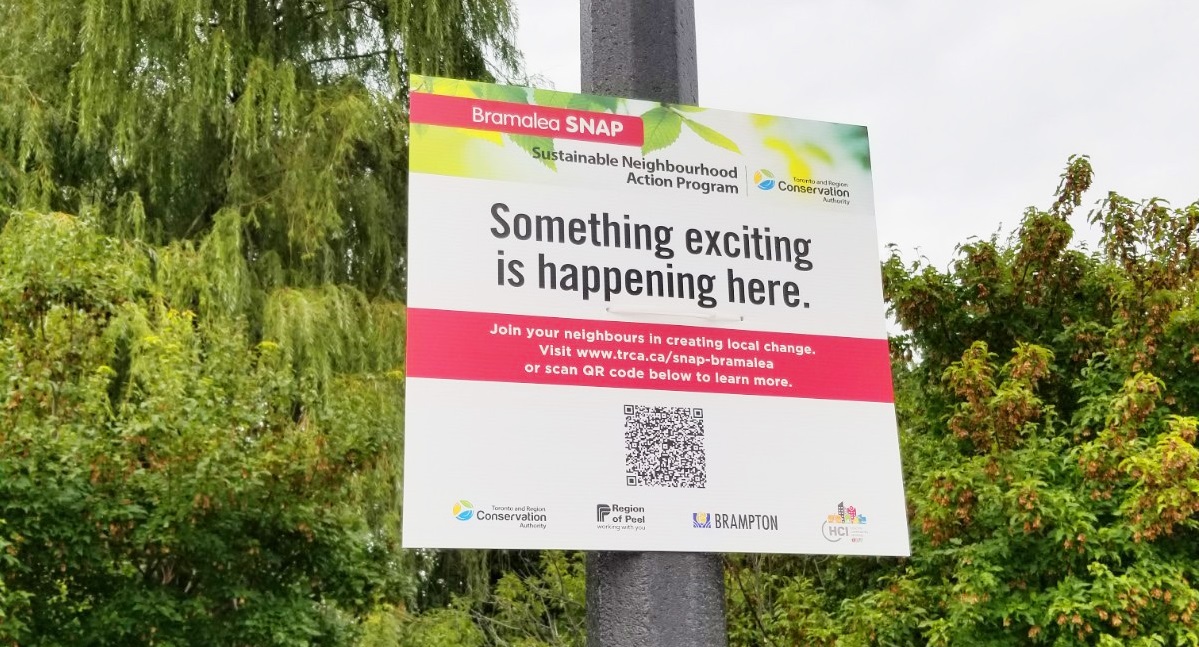 sign attached to light standard promotes Bramalea SNAP neighbourhood project