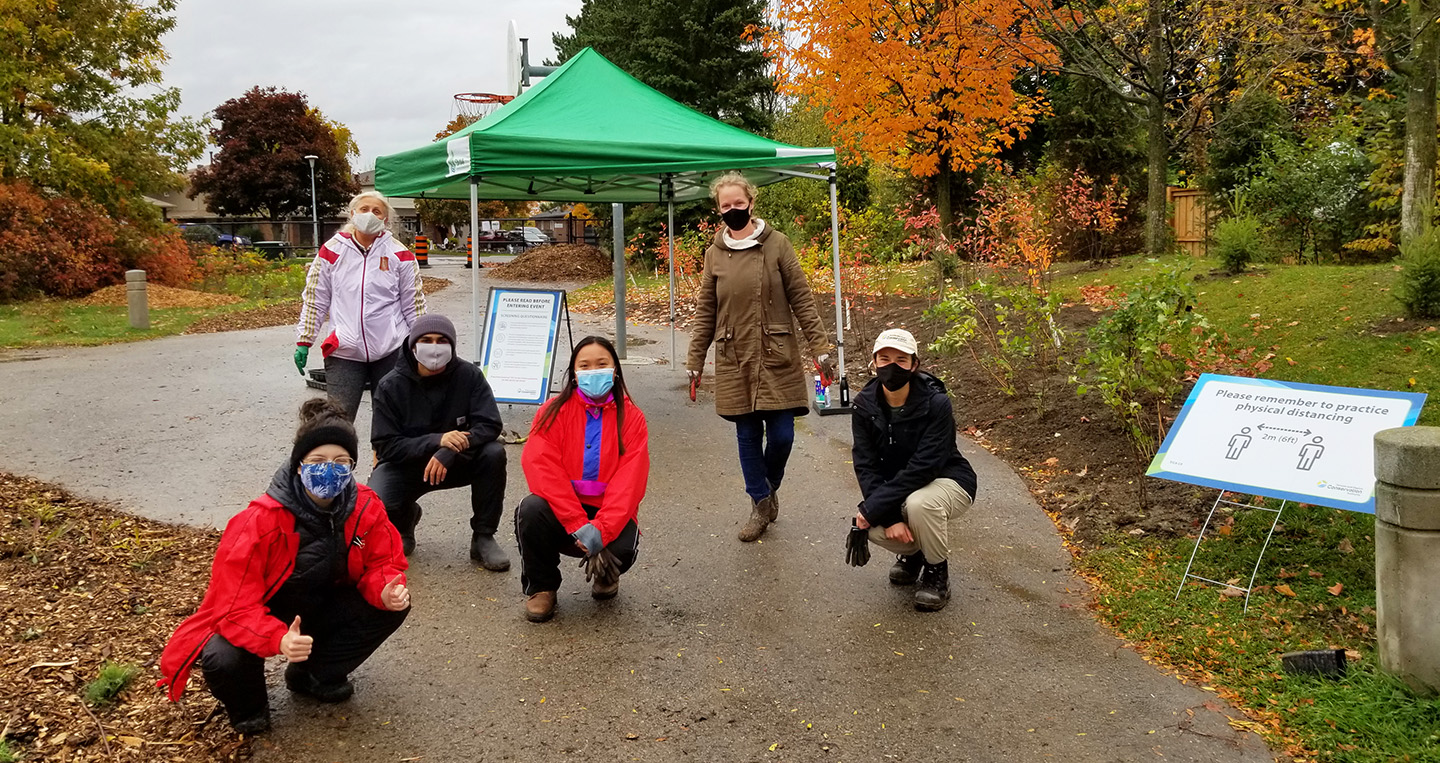 garden steward volunteers taking part in West Bolton SNAP depaving project at Heritage Hills Parkette in Caledon