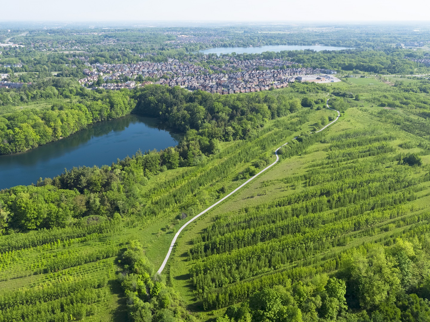 aerial view of bond lake and nearby trails