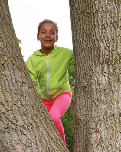 summer nature camper climbs a tree at Claireville Conservation Area