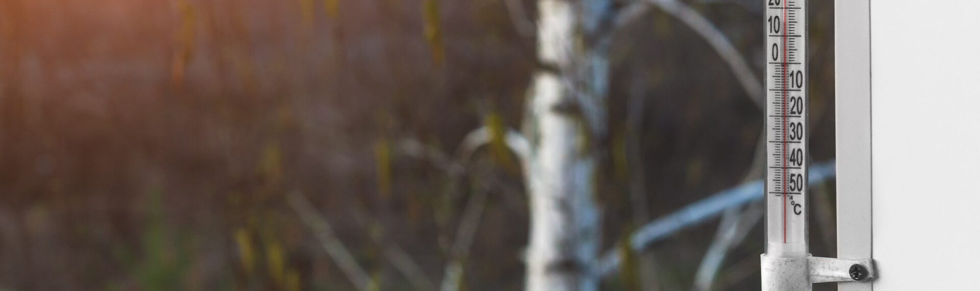 outdoor thermometer shows temperature on a spring morning