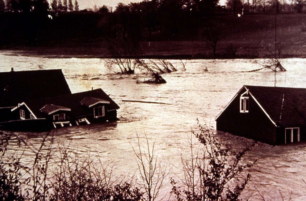 archival photograph of houses submerged in the aftermath of Hurricane Hazel