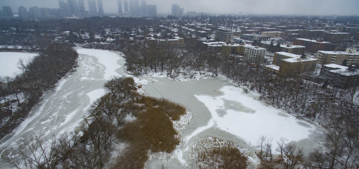 aerial view of the Humber River covered in winter ice