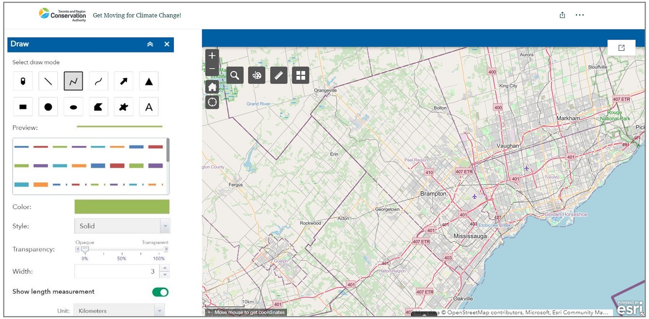 The TRCA Get Moving for Climate Change storymap is an interactive online tool designed to engage K to 8 students from Peel Region in active transportation