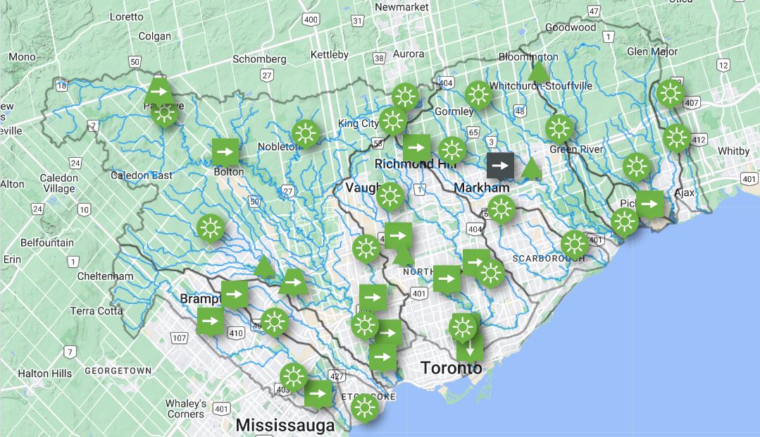 home page of the TRCA gauging website featuring the interactive station map displaying real-time data from a network of gauges across the Greater Toronto Area