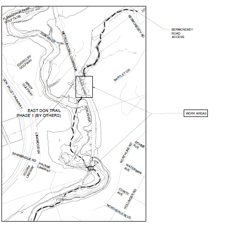 map of proposed open cut tunnel and pedestrian cycle bridge crossing of Metrolinx rail corridor as part of the Phase 1 trail connection of the East Don Trail project