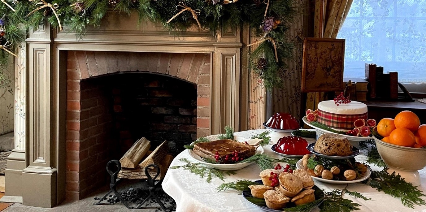 a table laden with traditional holiday delicacies greets visitors at Black Creek Pioneer Village