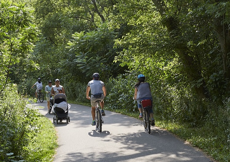 cyclists share a multi-use trail with hikers and others