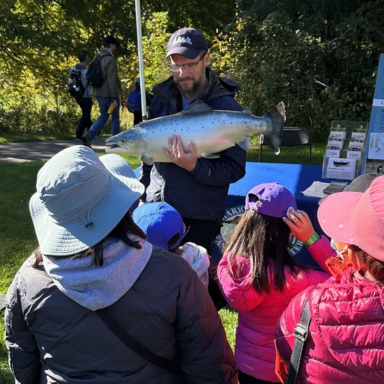 TRCA educator teaches visitors to the annual Salmon Festival event about the life cycle of the Atlantic Salmon