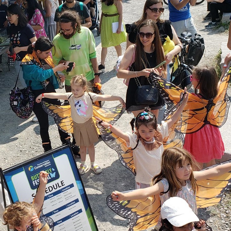 children wear Monarch butterfly wings at TRCA Butterfly Festival at Tiommy Thompson Park