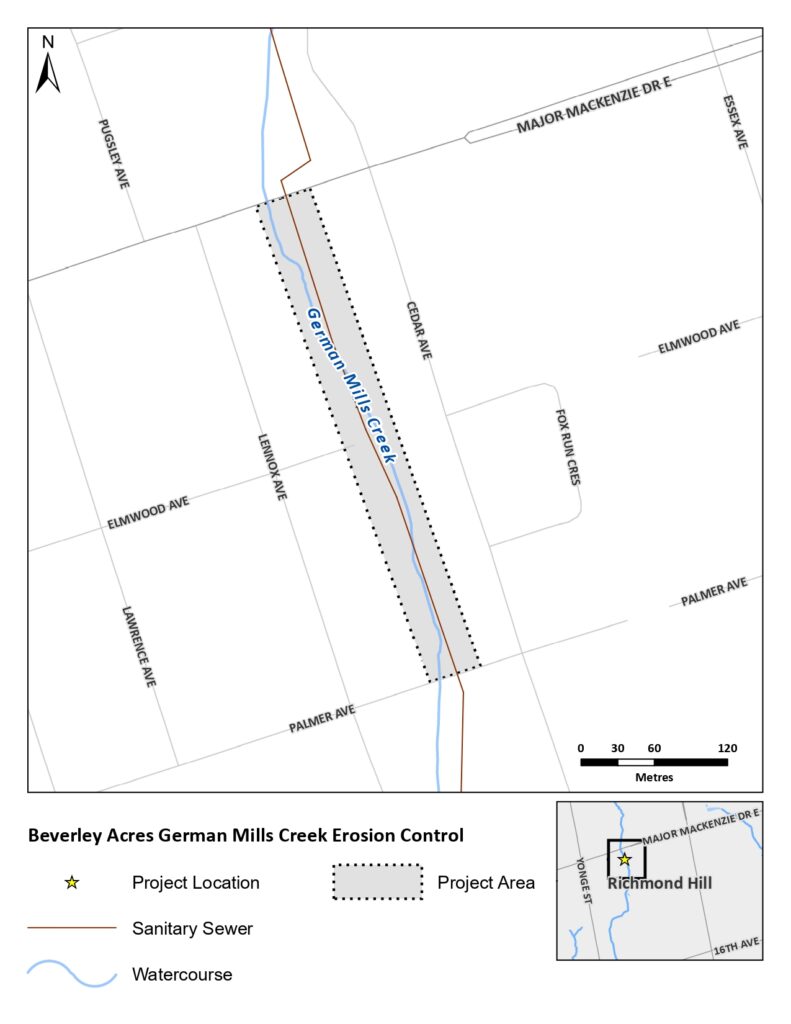 A map displaying the project area, which spans from Major Mackenzie Drive East in the north to Palmer Avenue in the south, and is located between Cedar Avenue to the east and Lennox Avenue to the west.