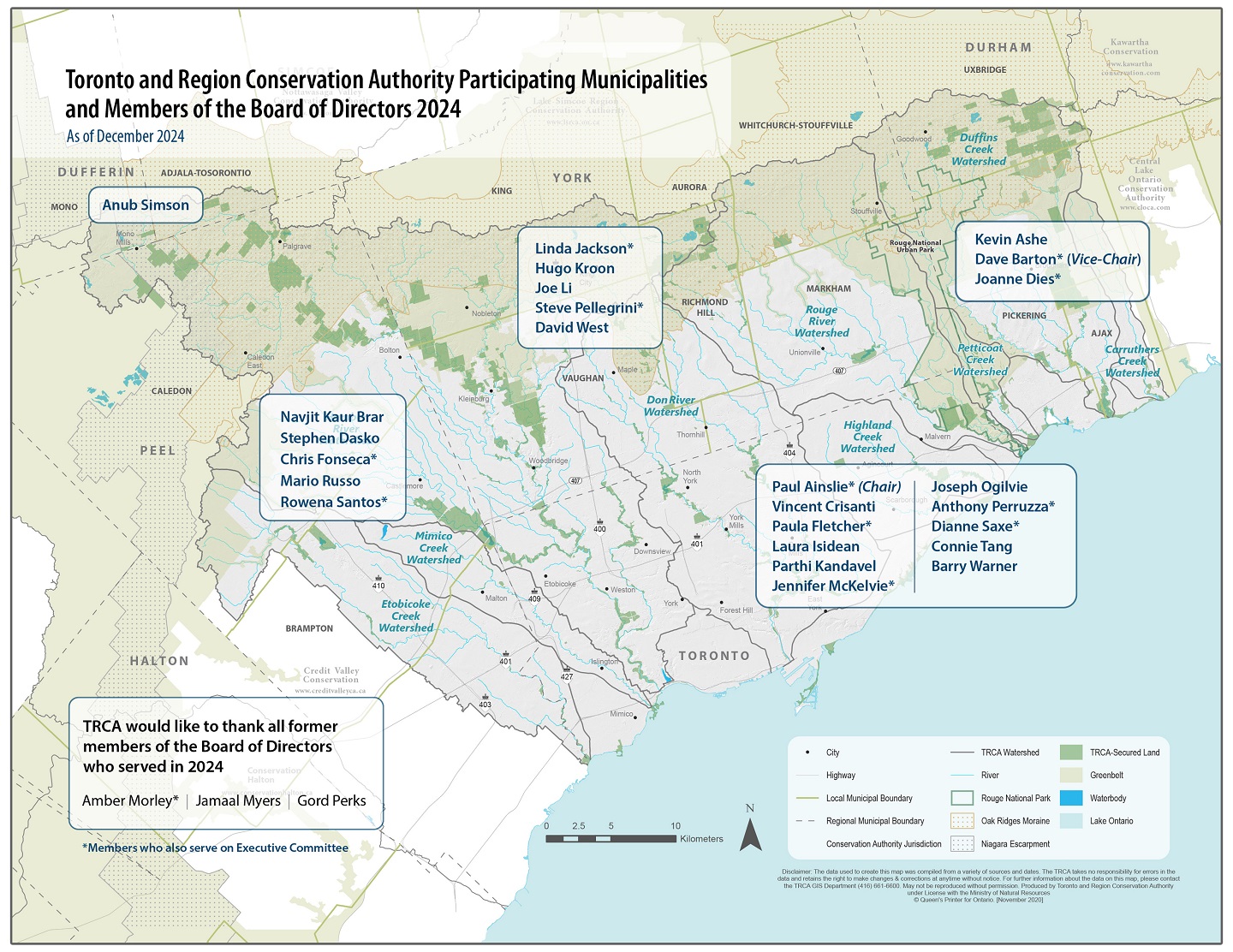 map of the TRCA jurisdiction displaying the names of the current Board of Directors members