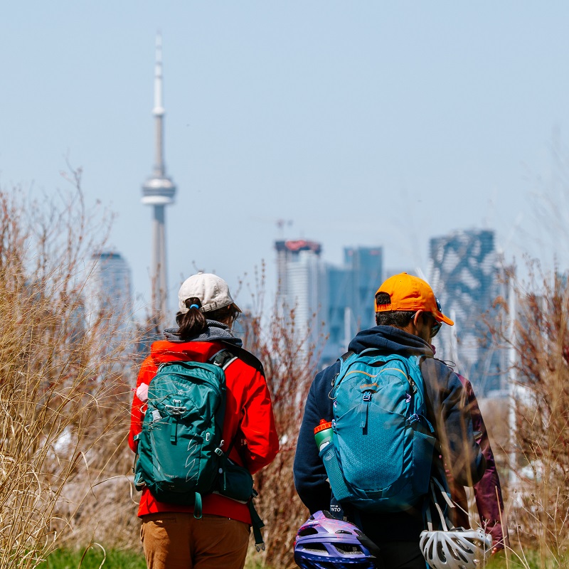 bird watchers enjoy a view of the Toronto skyline from Tommy Thompson park