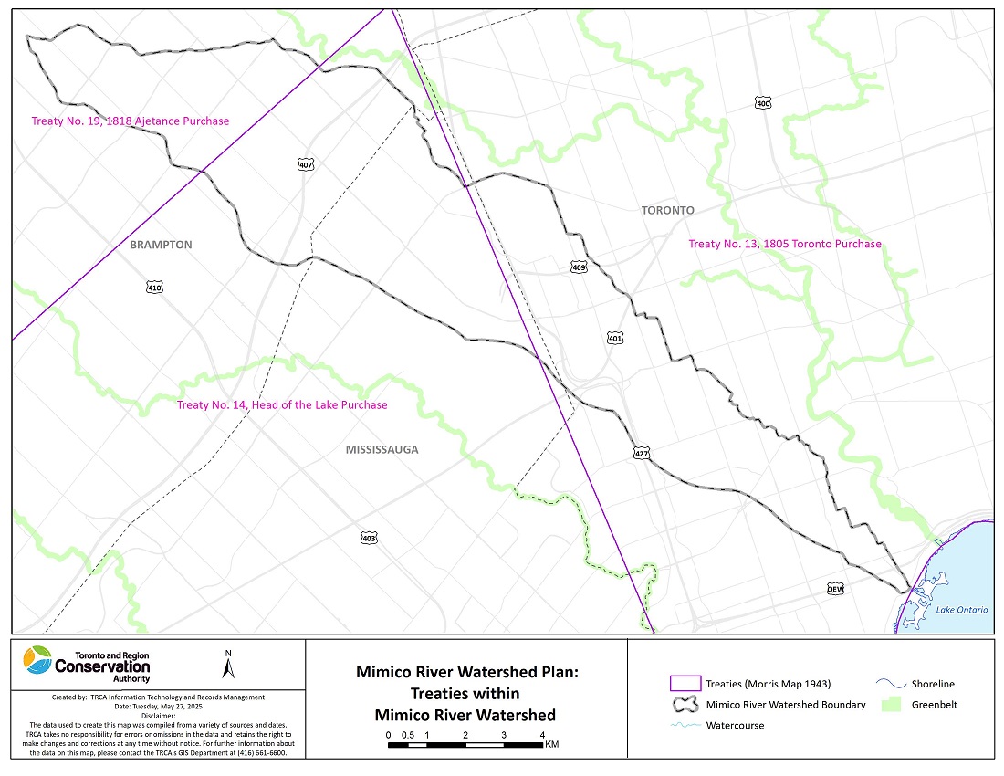a map showing treaties within the Mimico Creek Watershed