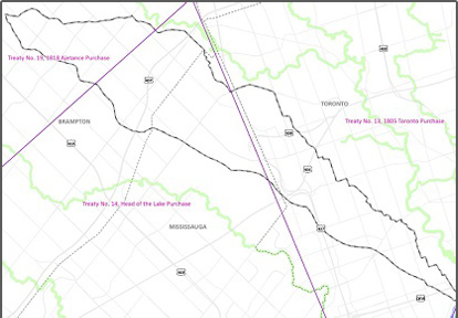 a map showing treaties within the Mimico Creek Watershed