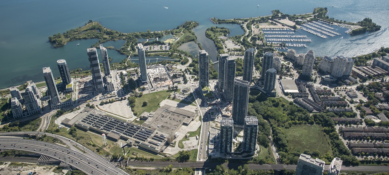 an aerial view of the mouth of Mimico Creek and the surrounding urban area