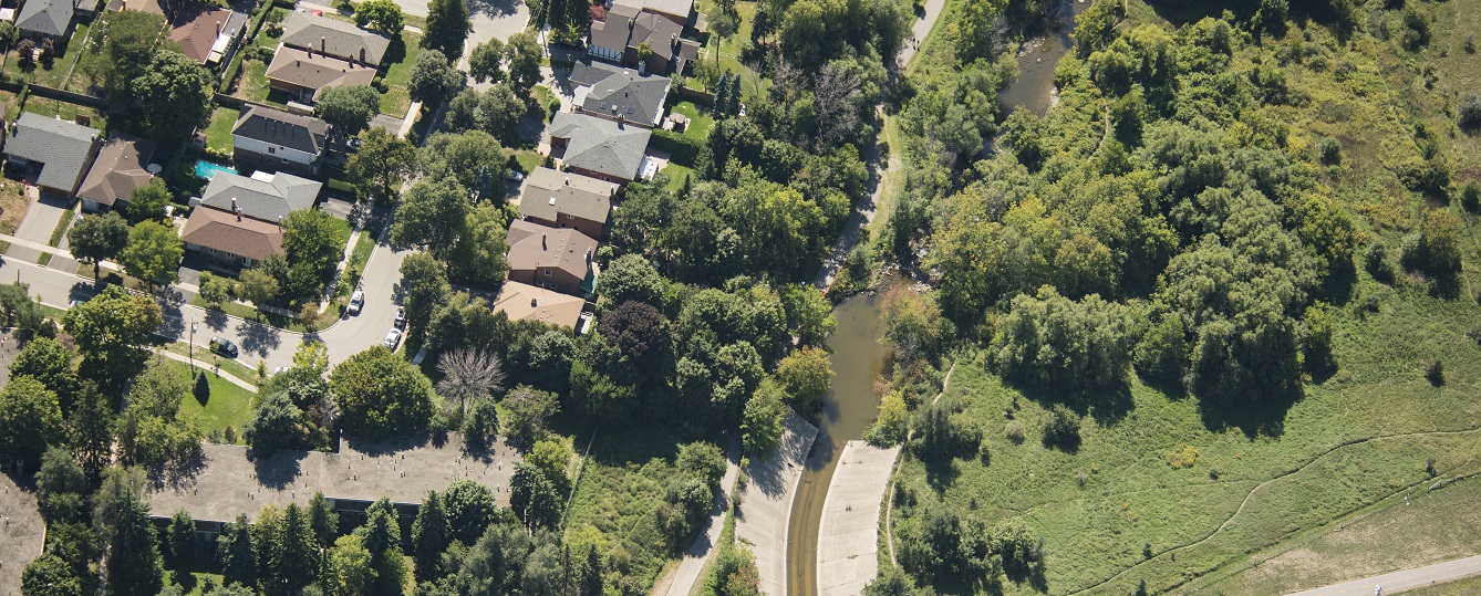 an aerial view of a riparian area in the Mimico Creek watershed