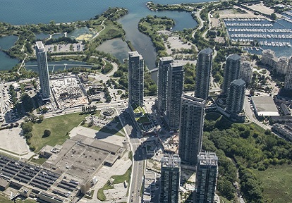 an aerial view of the mouth of Mimico Creek and the surrounding urban area
