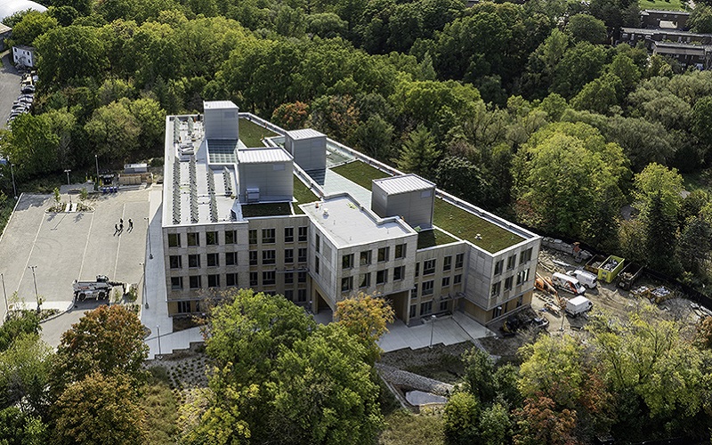 an aerial view of the TRCA administrative office building at 5 Shoreham Drive