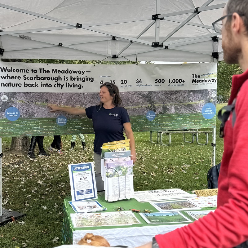 a TRCA team member introduces community members to The Meadoway project at an interactive station at the Adventures of Salmon event
