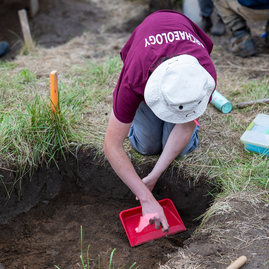 a Boyd Archaeological Field School student takes part in an excavation at the Sebastien site