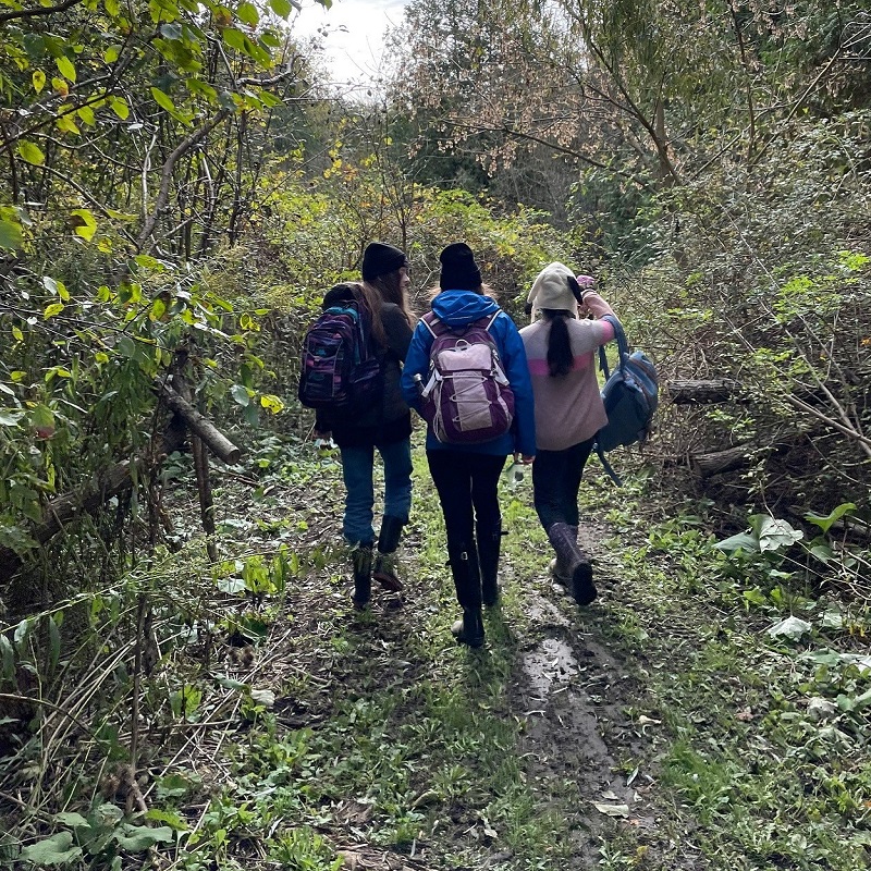 students go hiking on a forest trail during an overnight field trip