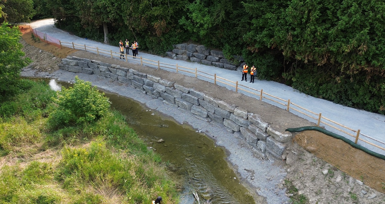 East Humber River bank stabilization project - showing completed armourstone wall and vegetated buttresses