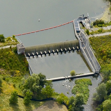 an aerial view of Milne Dam