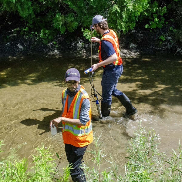 two TRCA team members conduct stream water quality monitoring in the field