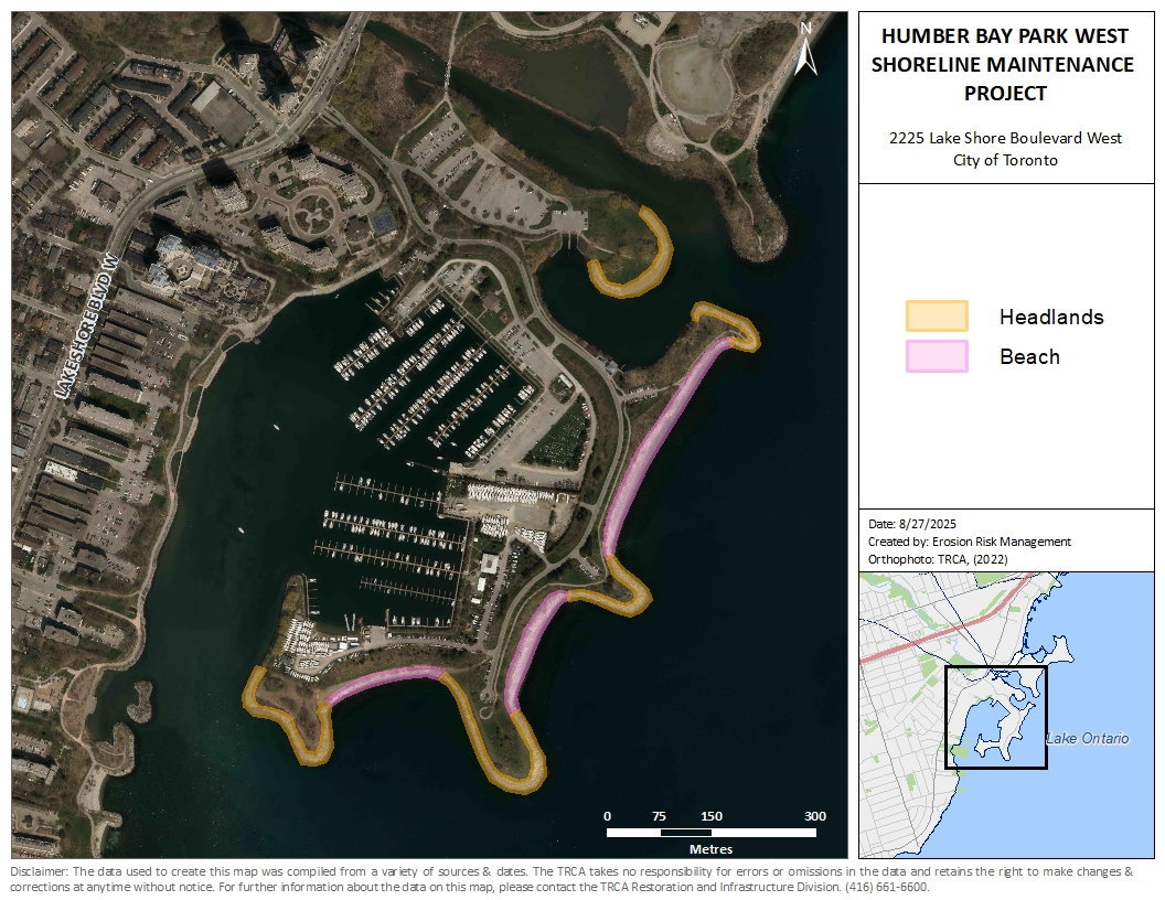 Map of Humber Bay Park West showing the five headlands and three beaches that require maintenance work.