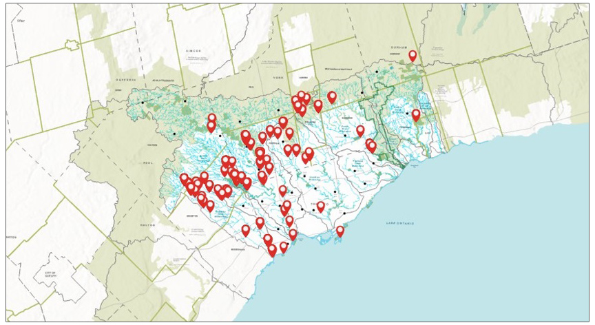 a map with pins showing the locations of TRCA community stewardship projects