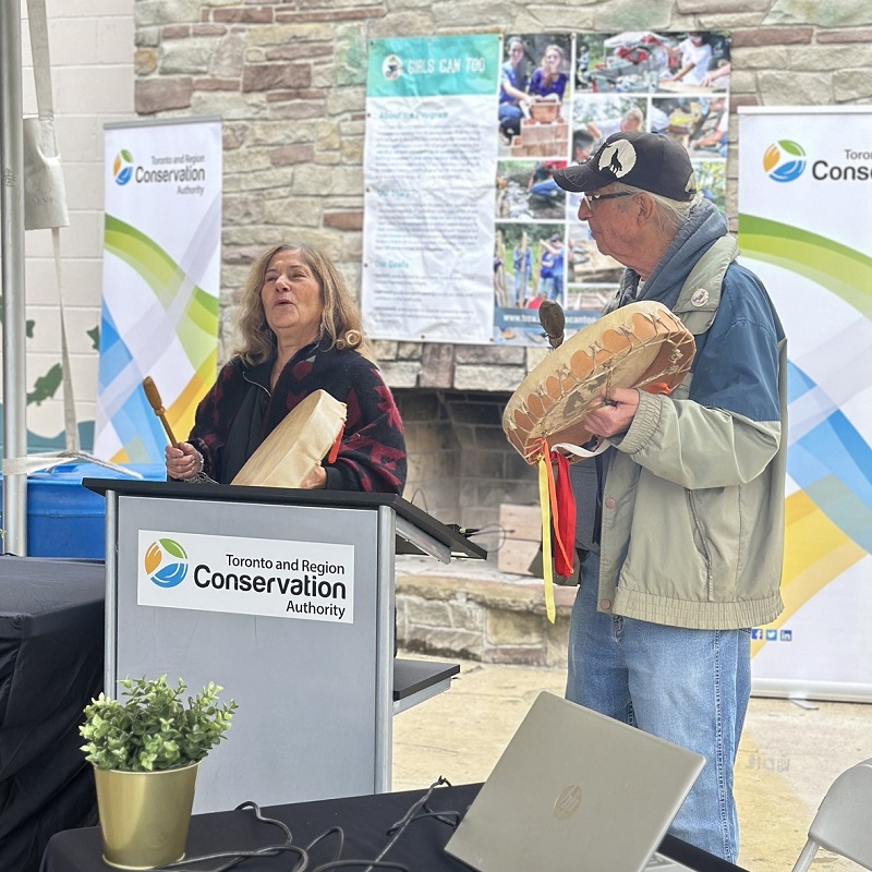 Indigenous knowledge keepers lead a drumming ceremony at the 10 year anniversary celebration of the Girls Can Too program