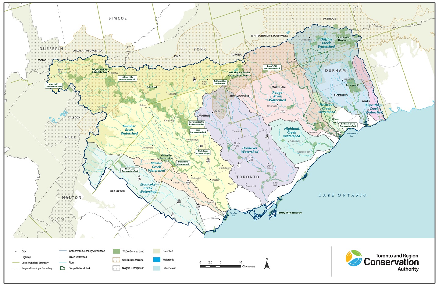 map of the nine watersheds in the jurisdiction of TRCA