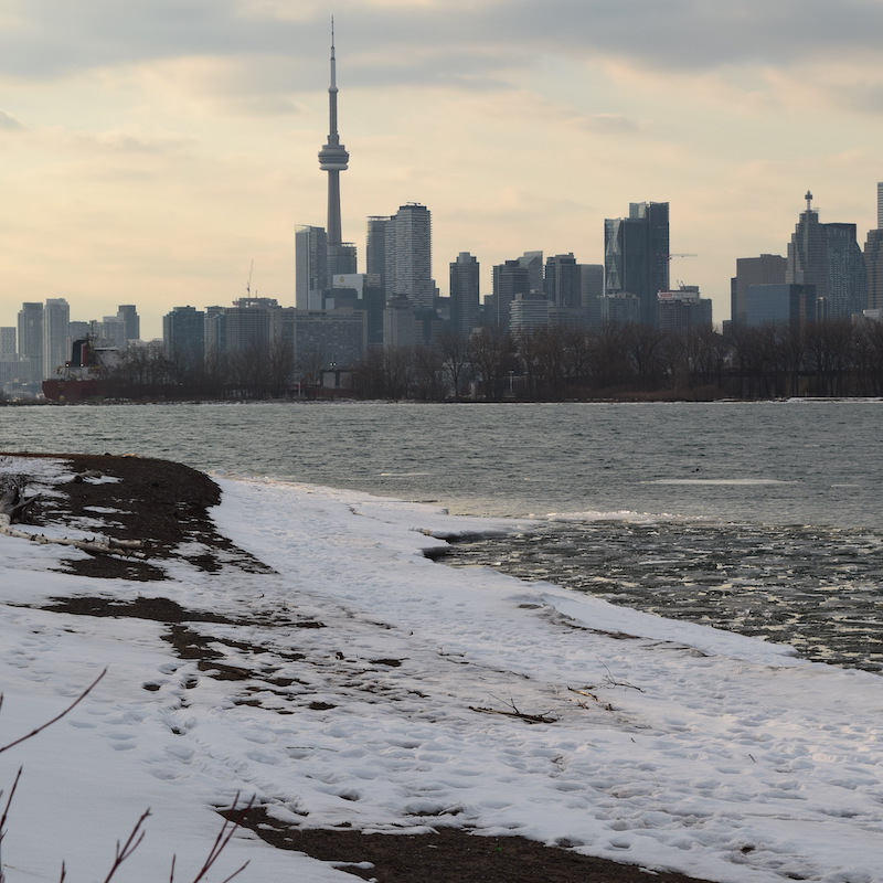 a view of the Toronto skyline and Lake Ontario waterfront from Tommy Thompson Park on a winter afternoon