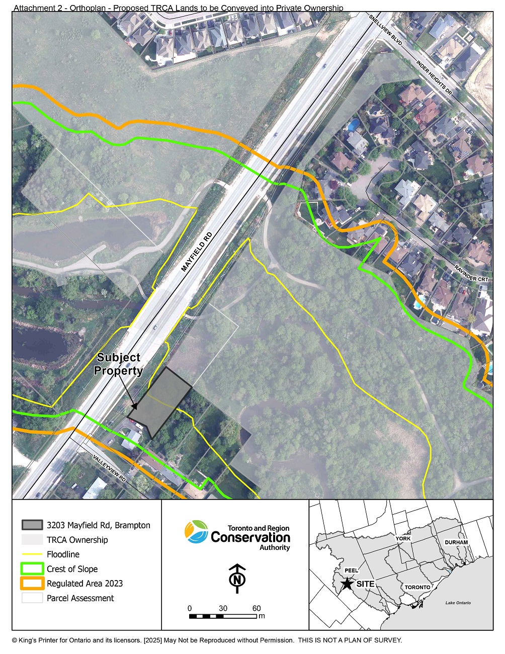 a map of 3203 Mayfield Road in Brampton and the adjacent TRCA owned lands
