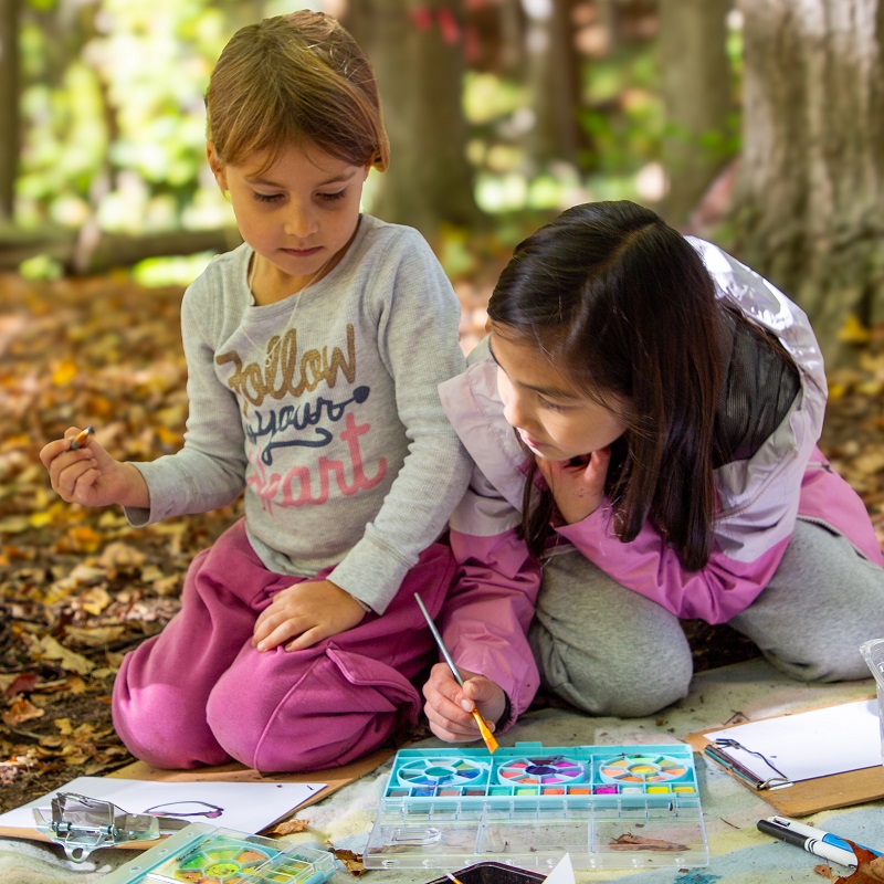 students at The Nature School at Claremont Nature Centre paint with watercolours