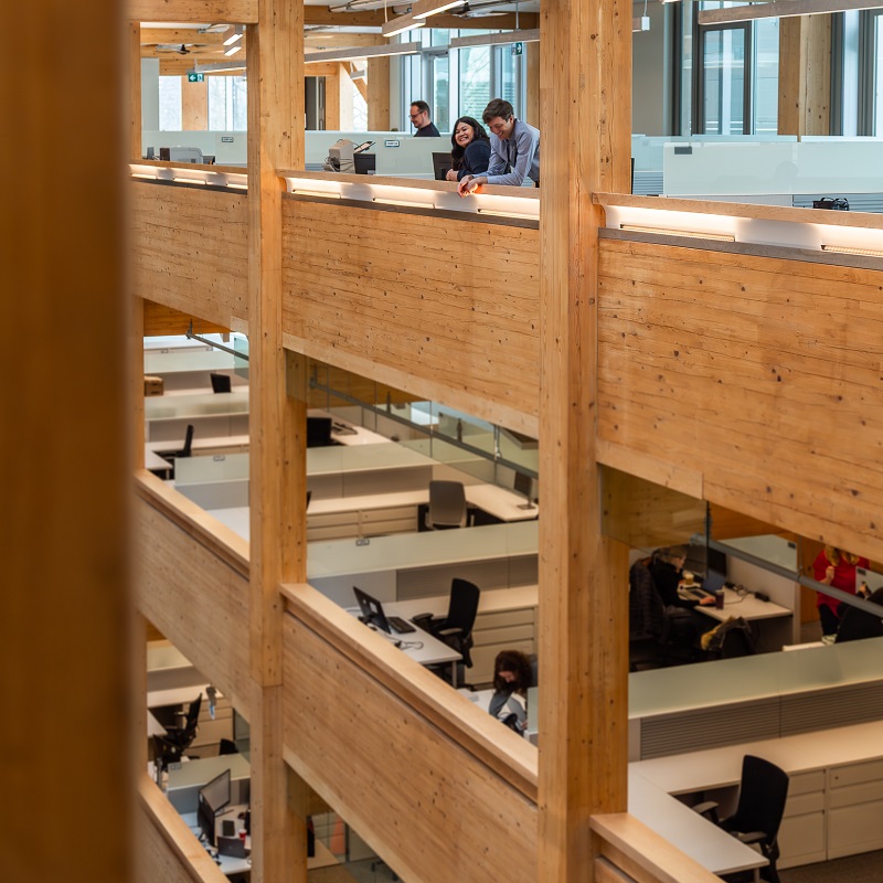 TRCA team members enjoy the spacious interior of the new administrative office building at 5 Shoreham Drive in Toronto