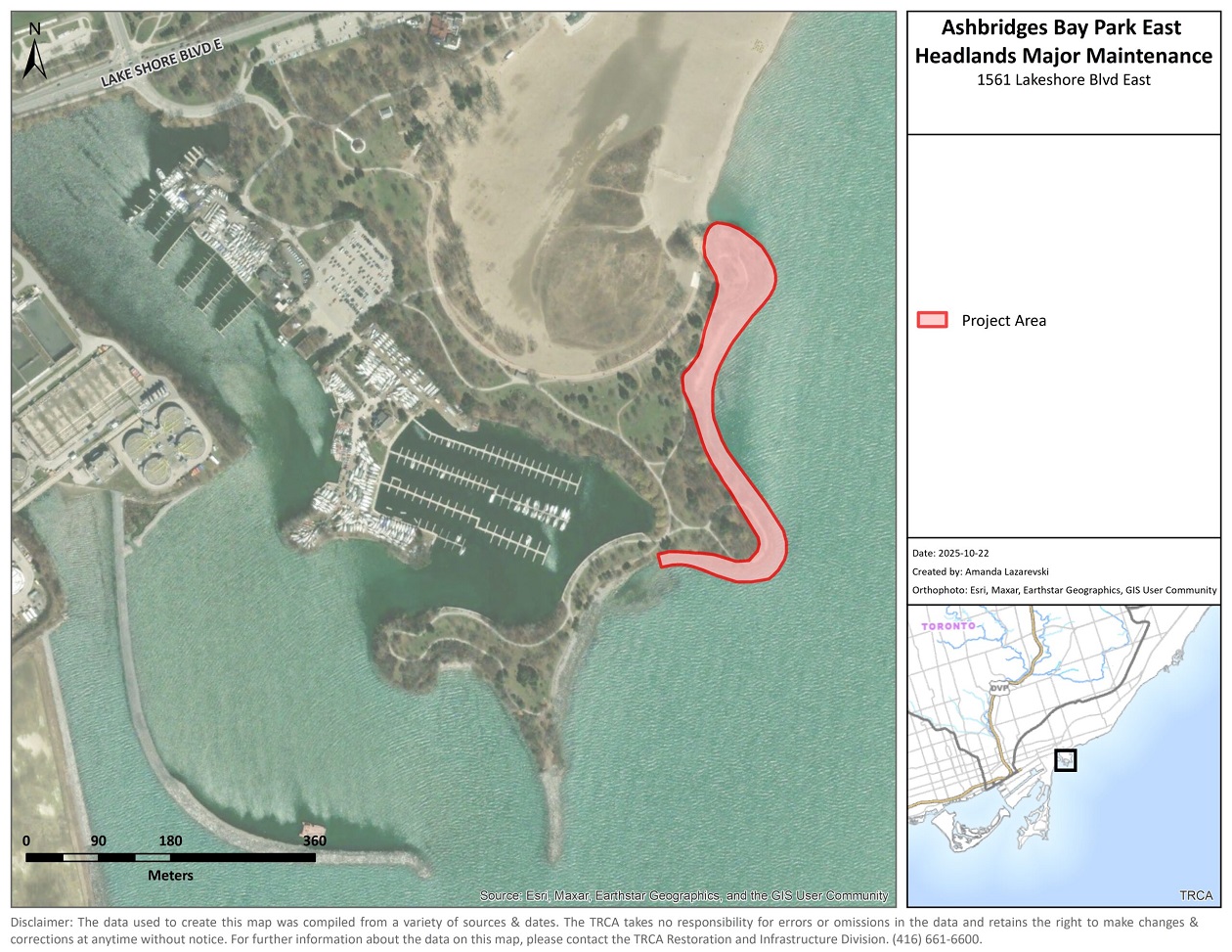 map of the Ashbridges Bay Park East Headlands Major Maintenance project area