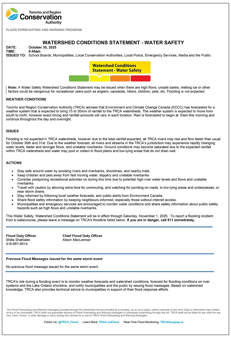 a sample of a TRCA Watershed Conditions statement