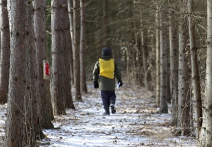a student explores a forest trail during a TRCA March Break Camp at Albion Hills Conservation Park in Caledon