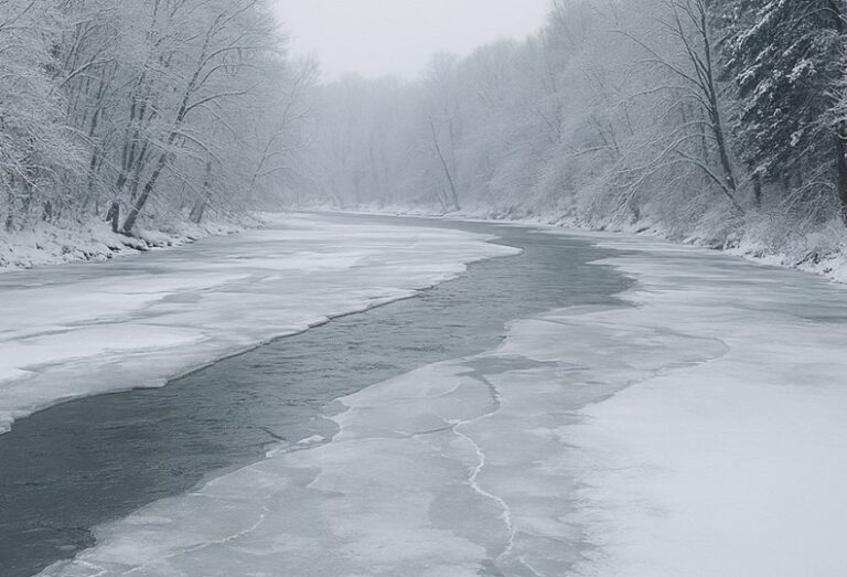 snow-covered trees line the banks of a frozen river on a winter day