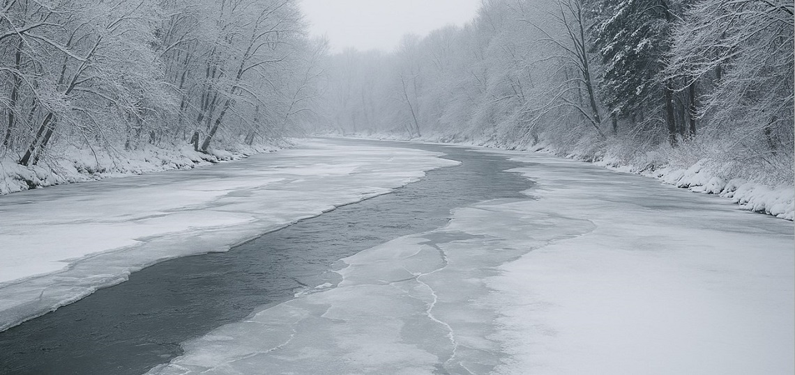snow-covered trees line the banks of a frozen river on a winter day