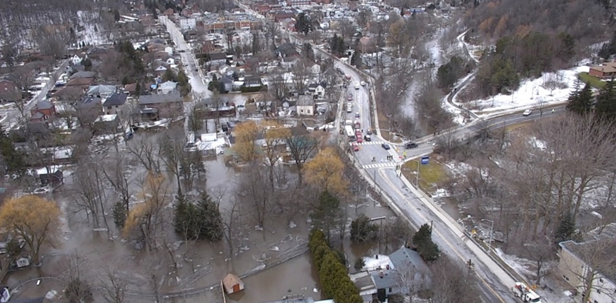 an aerial photograph shows flooding in downtown Bolton caused by an ice jam