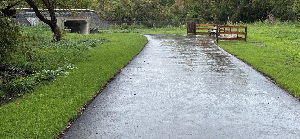 East Don Trail project - Asphalt paving leading and seating node with the new tunnel in the far distance