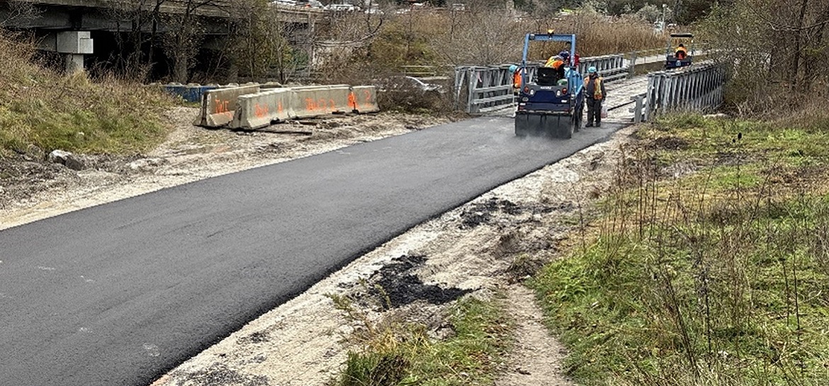 East Don Trail project - Section of base layer asphalt paving to the north side of Taylor Massey Creek Bridge