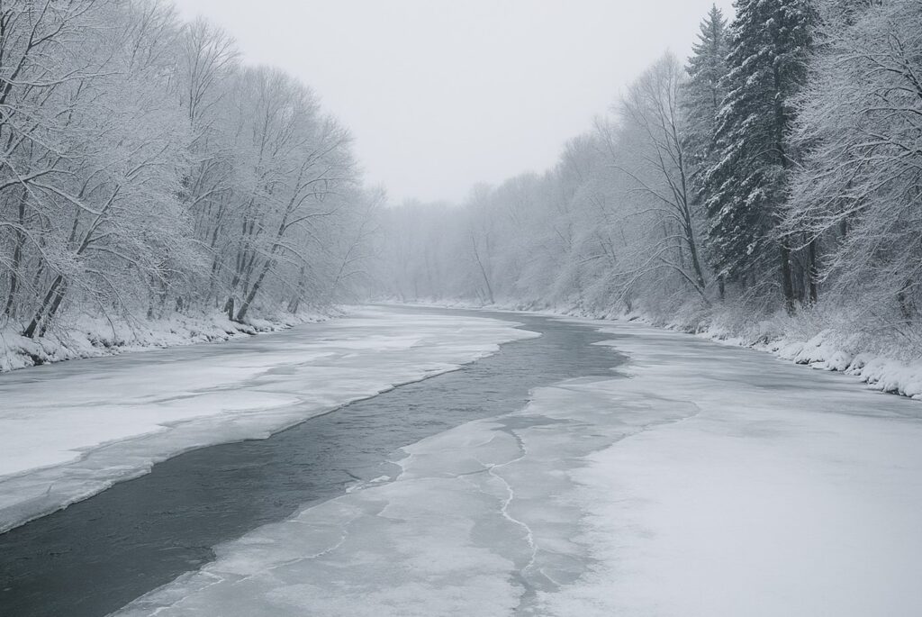 snow-covered trees line the banks of a frozen river on a winter day