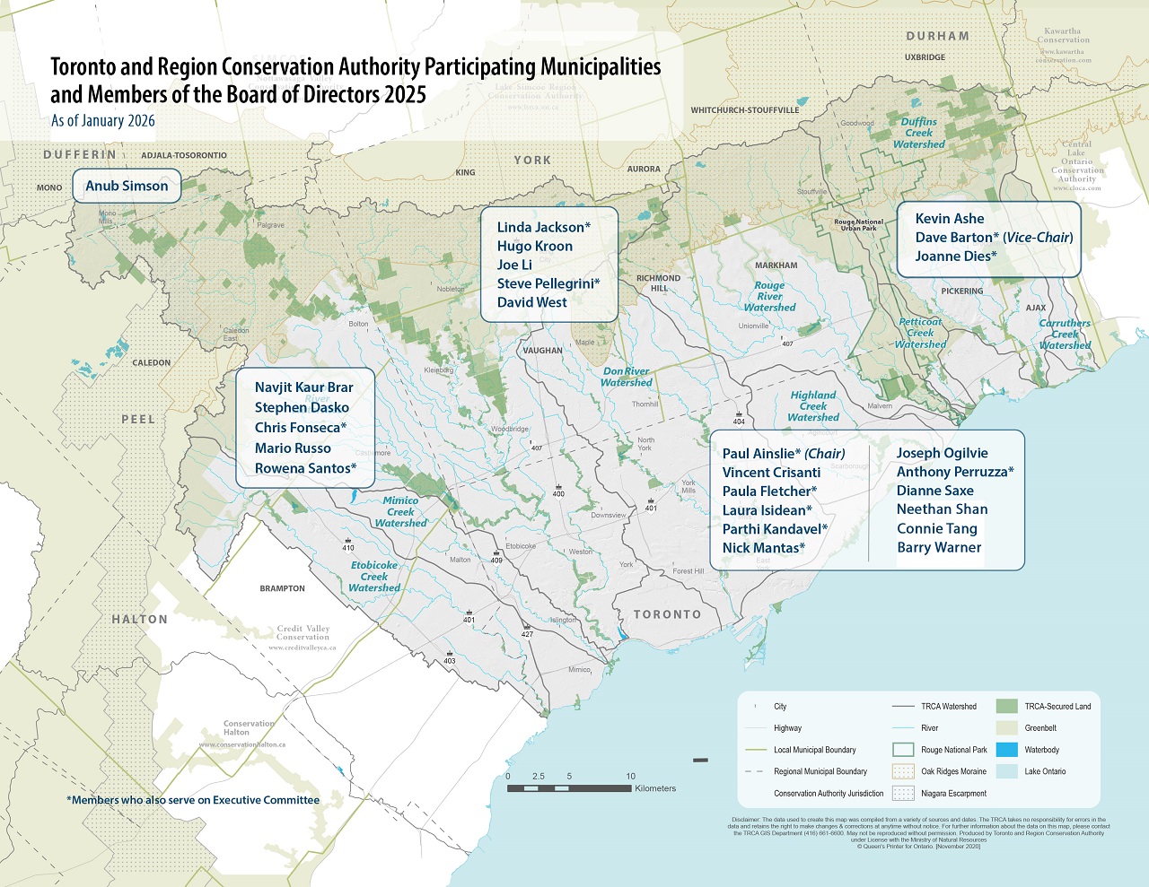 map of the TRCA jurisdiction displaying the names of the current Board of Directors members