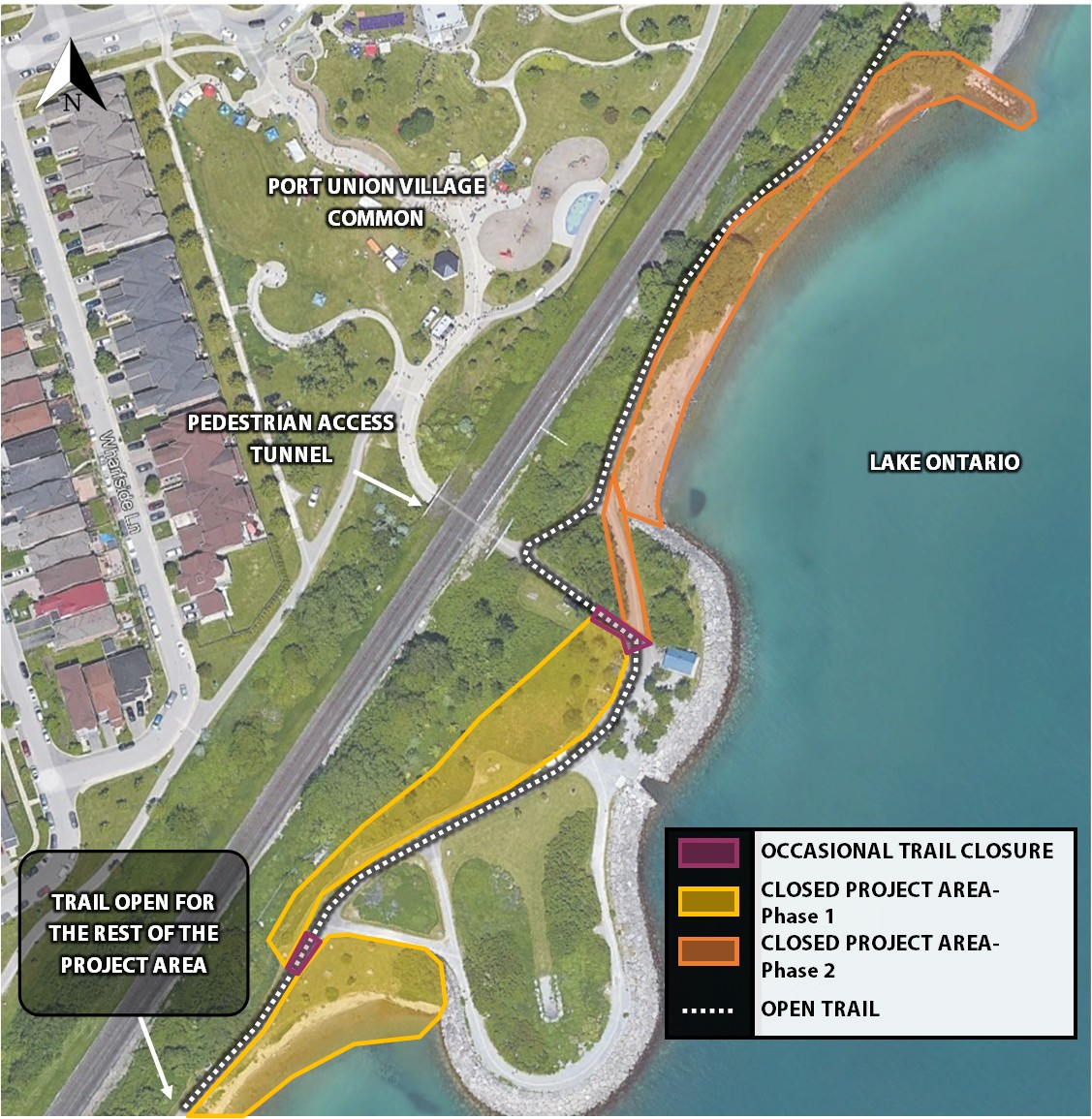 A map highlighting the open sections of trail and the closed sections. A small section of trail near the pedestrian access tunnel will be closed, requiring a short detour. Two small areas along the trail are marked as "Occasional Trail Closure."